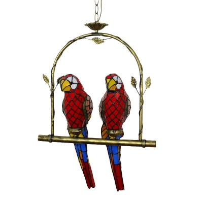Stained Glass Parrot Suspended Light Tiffany Style 2 Heads Pendant Light with Arch Shelf