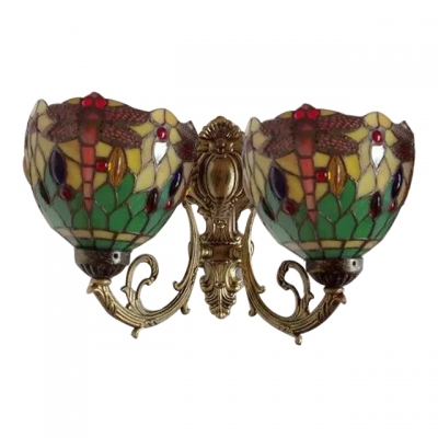 Tiffany Style Dragonfly Wall Lamp Stained Glass 2 Lights Wall Light Sconce in Multi Color
