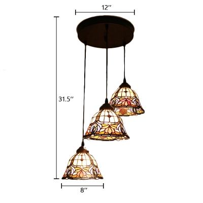 Triple Heads Floral Lighting Fixture Tiffany Retro Style Stained Glass Pendant Light in Multicolor