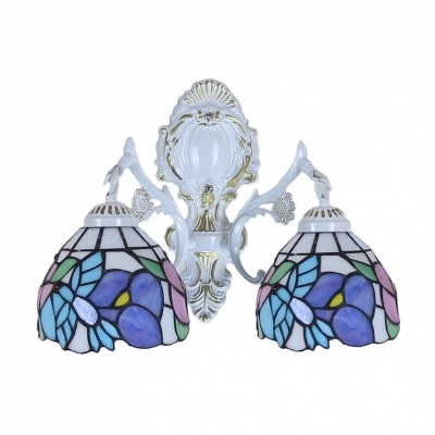 14-Inch Wide Tiffany Glass Wall Sconce with Colorful Flower and Robin Shade, 2-Light