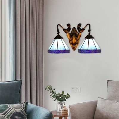 2 Heads Geometric Wall Sconce Tiffany Style Beige/Blue Glass Lighting Fixture with Mermaid