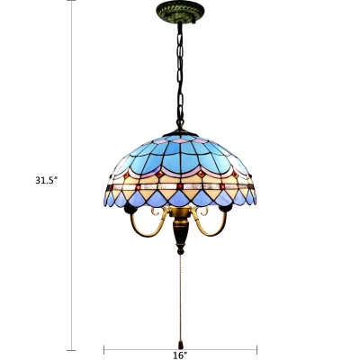 3 Light Dome Hanging Light Tiffany Mediterranean Style Glass Drop Light in Blue with Pull Chain