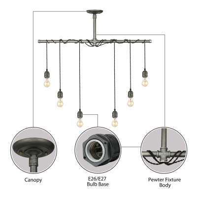 6 Lights Natural Iron 35'' Wide Hanging Pipe LED Multi Light Pendant