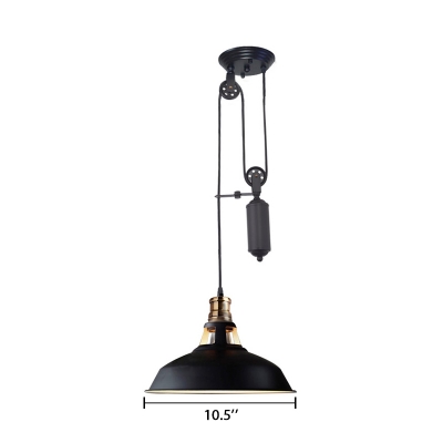 Adjustable Barn Shade Hanging Lamp Vintage Iron Suspended Light in Matte Black for Bedroom