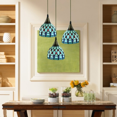 Aqua Jeweled Suspended Lamp Tiffany Style Stained Glass 3 Lights Drop Light for Bedroom