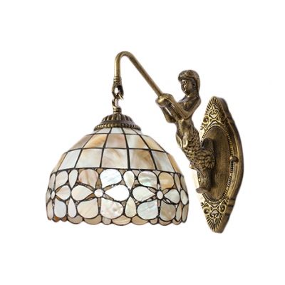 Beige Dome Floral Wall Sconce with Mermaid Tiffany Style Stained Glass Wall Lamp