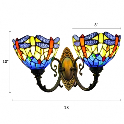 Dragonfly Bowl Wall Sconce Tiffany Stained Glass 2 Heads Wall Mount Light in Multi Color