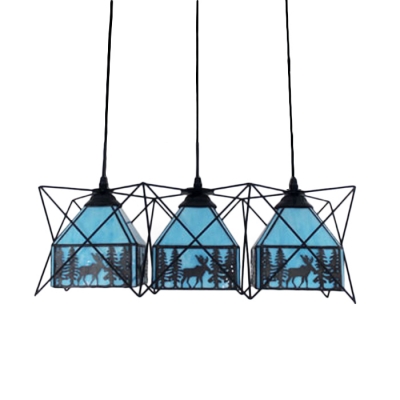 Elk Design Suspended Lamp Lodge Style Blue/White Glass Triple Heads Drop Light with Metal Frame