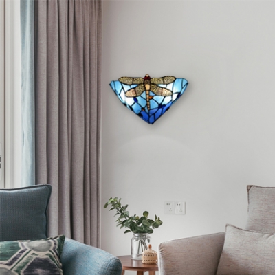 Gorgeous Dragonfly Orange/Blue Stained Glass Shade Hallway Two Light Wall Sconce, 12