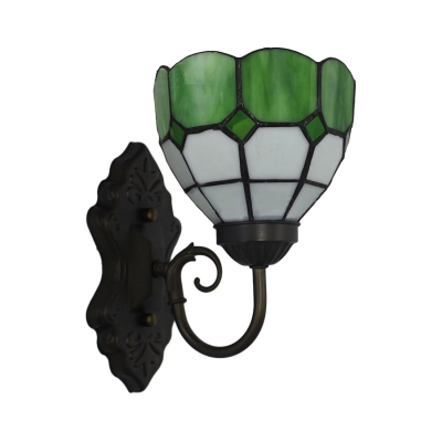 Mini Bowl Wall Sconce Industrial Tiffany Style Stained Glass Wall Light in Blue/Green