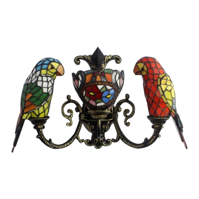 Multicolored Parrot Sconce Light Tiffany Style Stained Glass 3 Heads Accent Wall Lighting