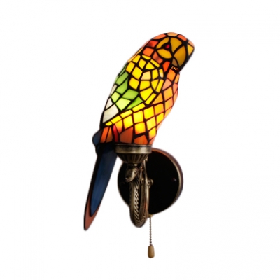 Parrot Wall Lamp Lodge Tiffany Style Stained Glass Pull Chain Wall Sconce in Yellow/Orange