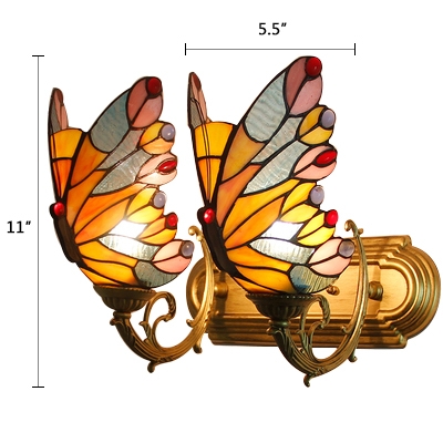 Stained Glass Butterfly Wall Sconce Tiffany Style Double Lights Wall Light Fixture in Yellow