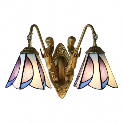 Stained Glass Floral Wall Mount Light Tiffany Style 2 Lights Wall Light Sconce with Mermaid
