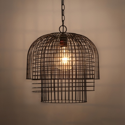 Wrought Iron Caged Hanging Fixture Industrial Vintage Single Bulb Pendant Lamp Fixture