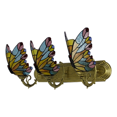 Yellow Butterfly Wall Sconce Vintage Stained Glass Triple Light Wall Lighting for Hallway