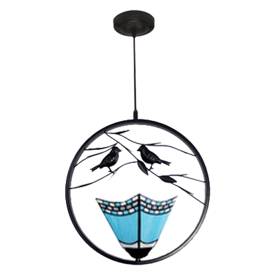 1 Light Geometric Hanging Light with 2 Birds Nautical Stained Glass Suspended Lamp in Blue