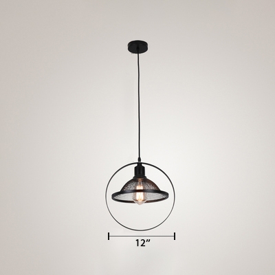 1 Light Scalloped Pendant Light Industrial Metal Suspended Lamp in Black for Coffee Shop