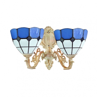 2-Light Mediterranean Wall Sconce with Blue Glass Shade in Tiffany Style, Brass Finish