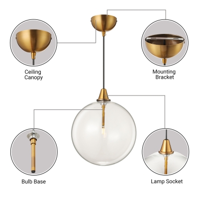 Ball Shaped Suspension Light Post Modern Style Clear Glass 1 Head Drop Light in Gold Finish