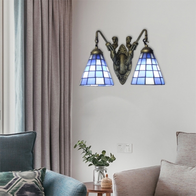 Checkered Pattern Wall Light Fixture Tiffany Style Blue Glass 2 Bulbs Sconce Light