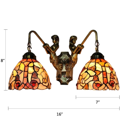 Floral Wall Lamp Tiffany Style Handcrafted Shell Double Heads Wall Sconce in Multicolor