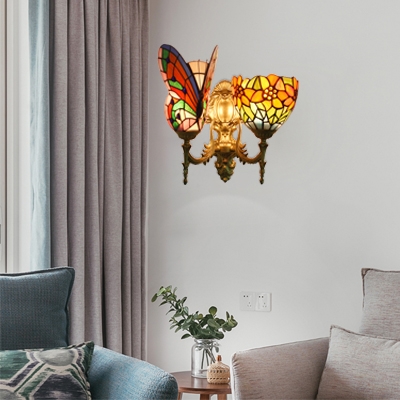 Flower and Butterfly Wall Sconce Tiffany Style Stained Glass 2 Heads Wall Lighting in Multicolor