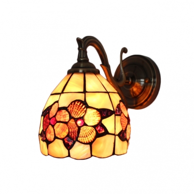 Flower Pattern Wall Lamp Shelly Tiffany Style Stained Glass Wall Sconce in Antique Brass for Balcony