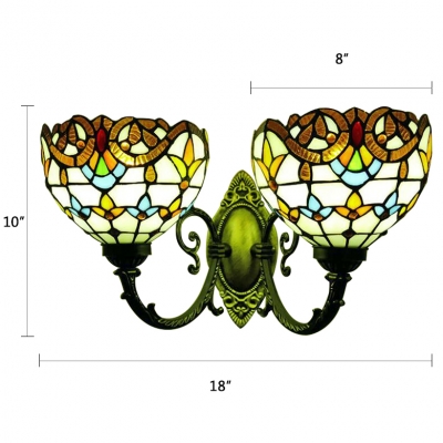 Multicolor Bowl Lighting Fixture Victorian Stained Glass 2 Heads Wall Sconce for Balcony