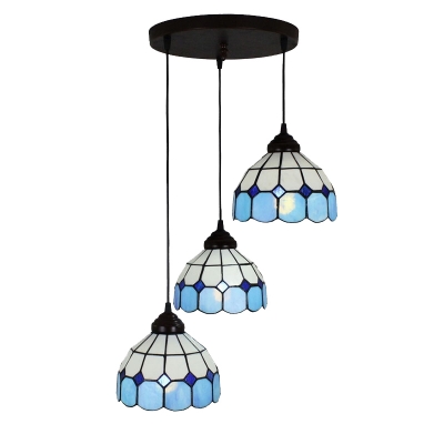 Nautical Tiffany Dome Drop Light Stained Glass Triple Head Pendant Lamp with Round Canopy