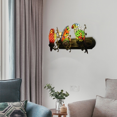 Parrot and Butterfly Wall Light Tiffany Style Stained Glass Triple Sconce Light in Multicolor