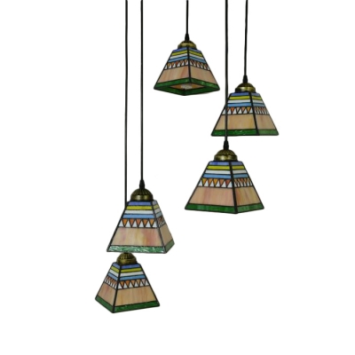 Pyramid Drop Light Vintage Stained Glass 3 Heads Pendant Lamp in Blue/Pink with Round Canopy