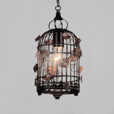 Rust Finish Bird Caged Pendant Lighting Loft Style Wrought Iron 1 Light Hanging Fixture
