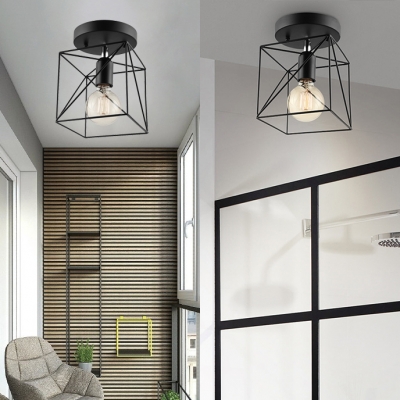 Squared 1Lt Semi Flush Ceiling Light in Black with Wire Cage for Kitchen Foyer Porch Bathroom