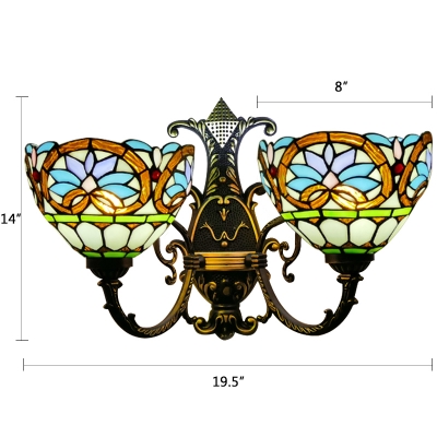 Stained Glass Bowl Wall Lighting Victorian Double Heads Decorative Wall Lamp in Multicolor