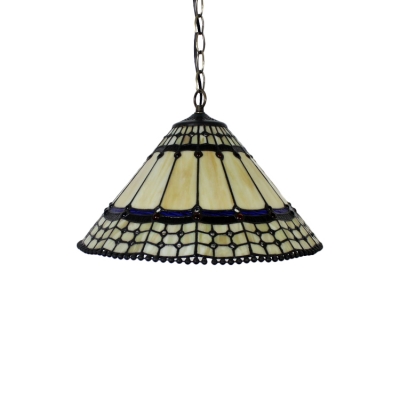Stained Glass Cone Shade Drop Light Tiffany Style 1 Bulb Art Deco Suspended Light in Beige