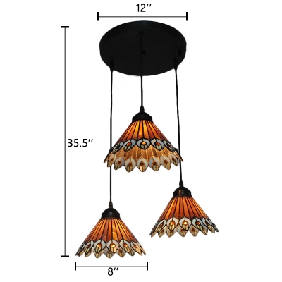 Triple Head Peacock Pendant Light Tiffany Vintage Style Adjustable Stained Glass Hanging Lamp
