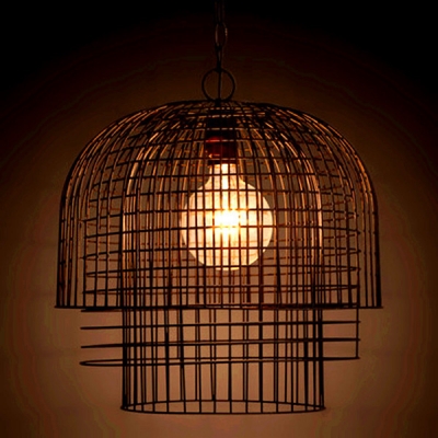 Wrought Iron Caged Hanging Fixture Industrial Vintage Single Bulb Pendant Lamp Fixture