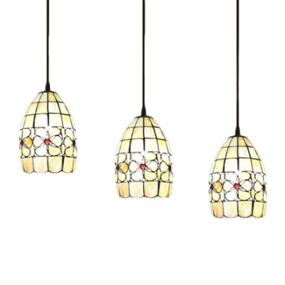 3 Lights Floral Drop Light Tiffany Retro Style Adjustable Shelly Pendant Light in Beige