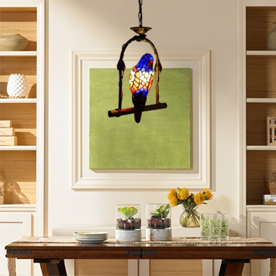Navy Blue Parrot Suspended Light Tiffany Style Glass Single Head Pendant Lamp for Living Room