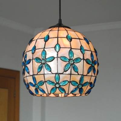 Globe Pendant Lamp Tiffany Style Stained Glass Single Head Drop Light with Blue Bead