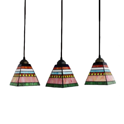 Blue/Pink Pyramid Hanging Lamp Tiffany Retro Style Stained Glass Accent Triple Pendant Light