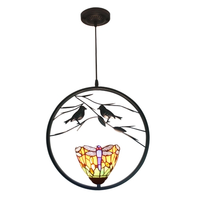 Dragonfly Suspended Lamp Tiffany Style Blue/Yellow Glass 1 Light Pendant Light with 2 Birds