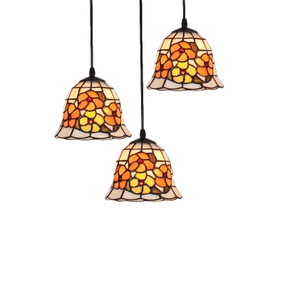 Flower Pattern Lighting Fixture Tiffany Style Adjustable Stained Glass 3 Heads Pendant Lamp