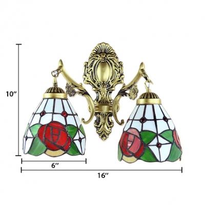 Gorgeous Tiffany Style 2 Light Double Wall Sconce Floral Stained Glass Shade in Brass Finish