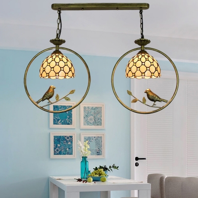 Jeweled Suspended Light Tiffany Style Beige Glass Double Head Pendant Light with Birds