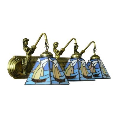 Nautical Tiffany Sailboat Sconce Light Stained Glass 3 Heads Wall Mount Light with Mermaid