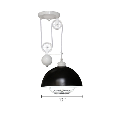 Pulley Dome Shade Suspended Light Industrial Steel Lighting Fixture in Black