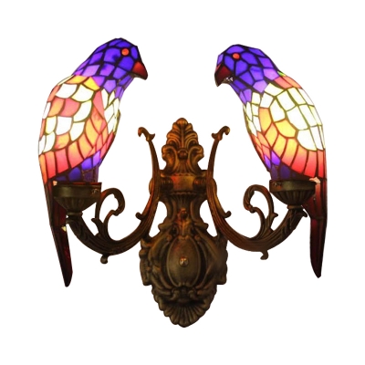 Stained Glass Parrot Wall Light Tiffany Style 2 Heads Accent Sconce Lighting in Navy Blue