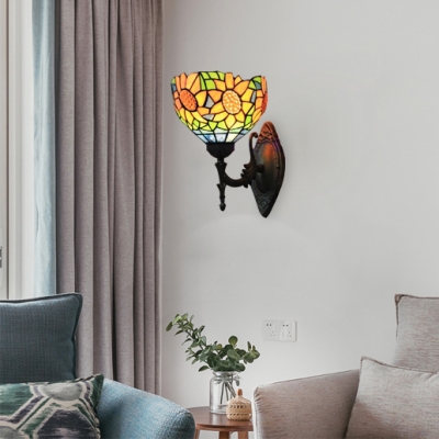 Sunflower Pattern Bowl Design Tiffany Style Wall Sconce with Multi-colored Glass Shade 8